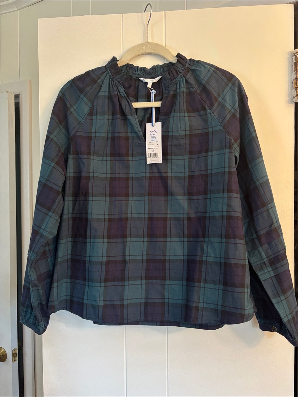 NWT Southern Tide Leslie Plaid Ruffle Neck Blouse Top Green S